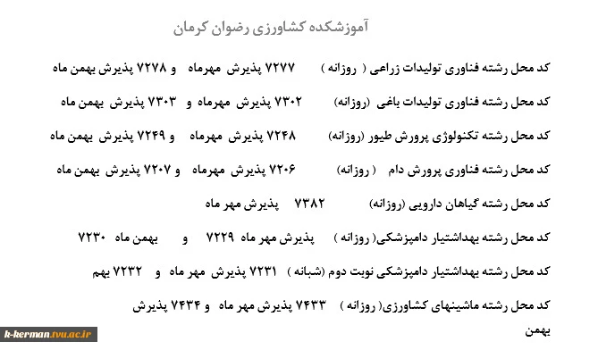 کد محل رشته های پذیرش دانشجو مقطع کاردانی آموزشکده کشاورزی رضوان کرمان